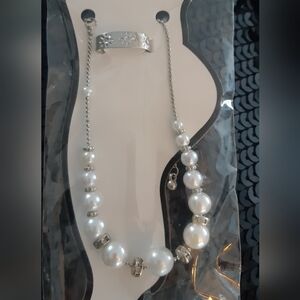 Elegant Silver Plated Pearl And Rhinestone Anklet Toe Ring Set New In Package